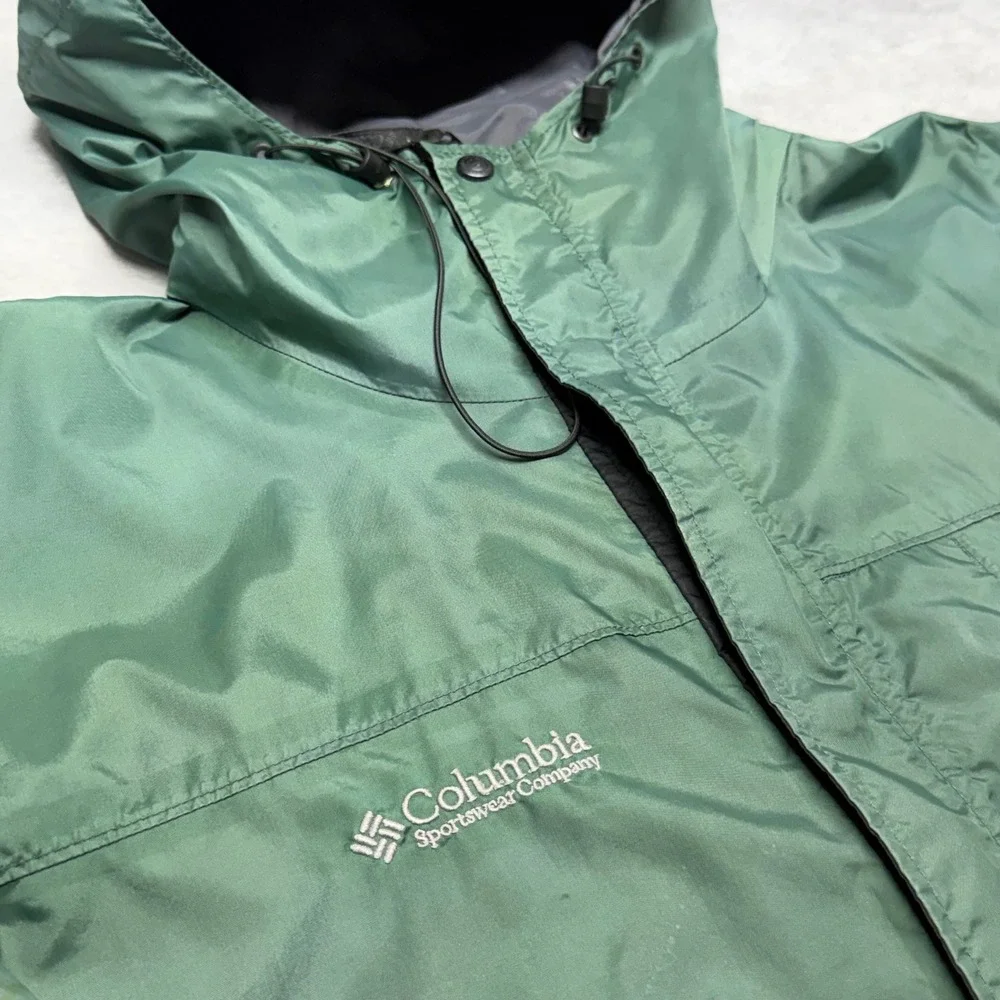 VTG Columbia Hooded Windbreaker Mens Size L Green Mesh Lined Full Zip Jacket